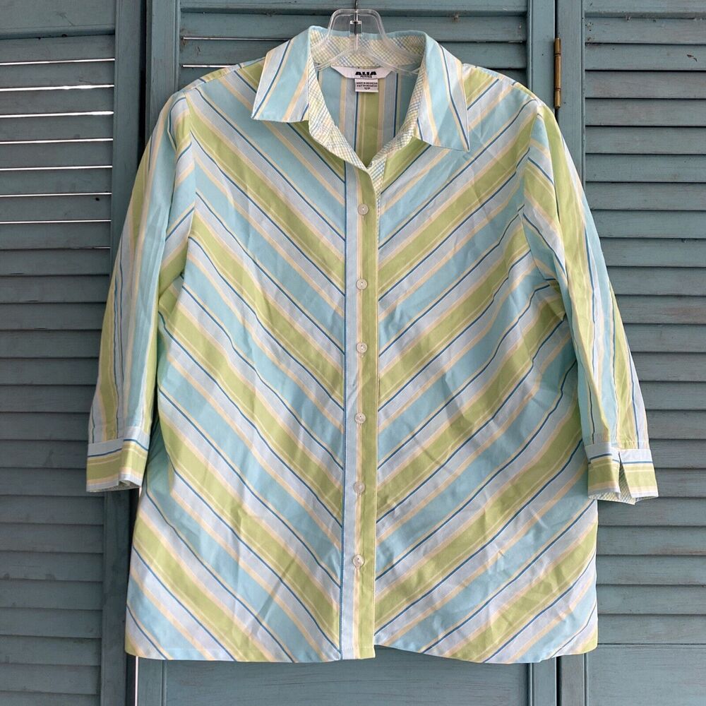 Alia Woman's Button UP Shirt Blouse Sz 12P ~ Blue & Green ~ 3/4 Sleeve
